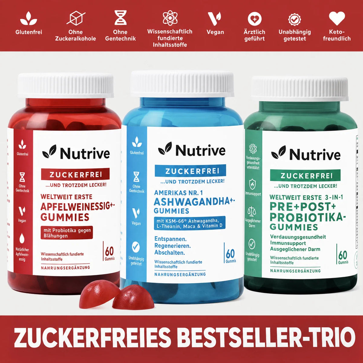 Nutrive ZERO SUGAR 3er-Wellness-Bundle | Prä-, Post- und Probiotika, Apfelessig- und Ashwagandha-Gummis