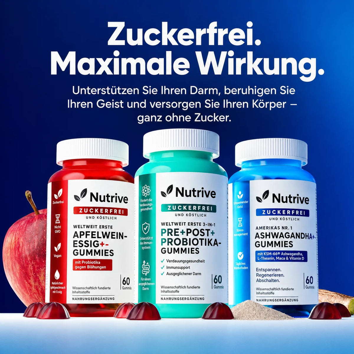 Nutrive ZERO SUGAR 3er-Wellness-Bundle | Prä-, Post- und Probiotika, Apfelessig- und Ashwagandha-Gummis